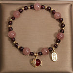 Buddha Stones Strawberry Quartz Garnet Koi Fish Fu Character Healing Bracelet