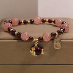Buddha Stones Strawberry Quartz Garnet Koi Fish Fu Character Healing Bracelet