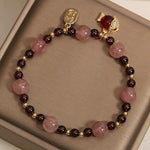 Buddha Stones Strawberry Quartz Garnet Koi Fish Fu Character Healing Bracelet