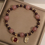 Buddha Stones Strawberry Quartz Garnet Koi Fish Fu Character Healing Bracelet