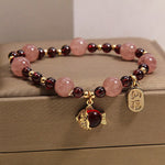 Buddha Stones Strawberry Quartz Garnet Koi Fish Fu Character Healing Bracelet