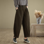 Buddha Stones Casual Solid Color One Top Button Elastic Waistband Women's Pants With Pockets