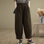 Buddha Stones Casual Solid Color One Top Button Elastic Waistband Women's Pants With Pockets