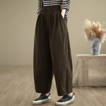 Buddha Stones Casual Solid Color One Top Button Elastic Waistband Women's Pants With Pockets