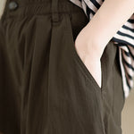 Buddha Stones Casual Solid Color One Top Button Elastic Waistband Women's Pants With Pockets