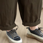 Buddha Stones Casual Solid Color One Top Button Elastic Waistband Women's Pants With Pockets