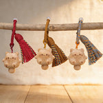 Buddha Stones Hand-Carved Natural Wood Lucky Cat Tassel Balance Keychains