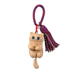 Buddha Stones Carved Natural Wood Cat Tassel Simplicity Keychains