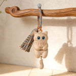 Buddha Stones Carved Natural Wood Cat Tassel Simplicity Keychains