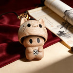 Buddha Stones Carved Natural Peach Wood Cute Cat Balance Keychains