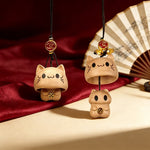 Buddha Stones Carved Natural Peach Wood Cute Cat Balance Keychains