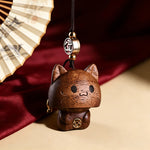 Buddha Stones Carved Natural Peach Wood Cute Cat Balance Keychains
