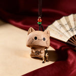 Buddha Stones Carved Natural Peach Wood Cute Cat Balance Keychains
