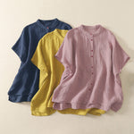 Buddha Stones Summer Plain Red Buttons Short Sleeve Women's Shirt