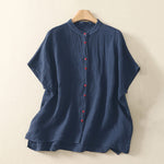 Buddha Stones Summer Plain Red Buttons Short Sleeve Women's Shirt