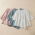 Buddha Stones Casual Flower Colorful Frog Button Half Sleeve Women's Shirt
