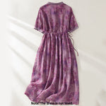Buddha Stones Printing Buttons Drawstring High Waist Short Sleeve Midi Dress With Pockets