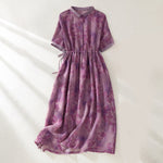 Buddha Stones Printing Buttons Drawstring High Waist Short Sleeve Midi Dress With Pockets