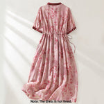 Buddha Stones Printing Buttons Drawstring High Waist Short Sleeve Midi Dress With Pockets