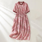 Buddha Stones Printing Buttons Drawstring High Waist Short Sleeve Midi Dress With Pockets