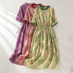 Buddha Stones Printing Buttons Drawstring High Waist Short Sleeve Midi Dress With Pockets