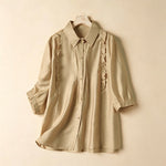 Buddha Stones Summer Elegant Vintage Button-up Solid Front Pleated Ruffle Women's Short Sleeve Shirts
