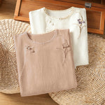 Buddha Stones Summer Tang Style Vintage Embroidery Frog Button Floral Women's Short Sleeve Shirts