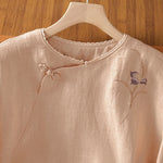 Buddha Stones Summer Tang Style Vintage Embroidery Frog Button Floral Women's Short Sleeve Shirts