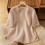 Buddha Stones Summer Tang Style Vintage Embroidery Frog Button Floral Women's Short Sleeve Shirts
