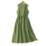 Buddha Stones Summer Casual Elegant Green Striped Crew Neck Women's Summer Sleeveless Dress