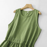 Buddha Stones Summer Casual Elegant Green Striped Crew Neck Women's Summer Sleeveless Dress