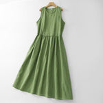 Buddha Stones Summer Casual Elegant Green Striped Crew Neck Women's Summer Sleeveless Dress