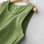 Buddha Stones Summer Casual Elegant Green Striped Crew Neck Women's Summer Sleeveless Dress