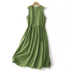 Buddha Stones Summer Casual Elegant Green Striped Crew Neck Women's Summer Sleeveless Dress