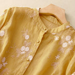 Buddha Stones Casual Embroidered Petals Spliced Women's Crew Neck Design Half Sleeve Shirt