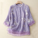 Buddha Stones Casual Embroidered Petals Spliced Women's Crew Neck Design Half Sleeve Shirt