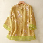 Buddha Stones Casual Embroidered Petals Spliced Women's Crew Neck Design Half Sleeve Shirt