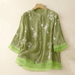 Buddha Stones Casual Embroidered Petals Spliced Women's Crew Neck Design Half Sleeve Shirt