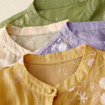 Buddha Stones Casual Embroidered Petals Spliced Women's Crew Neck Design Half Sleeve Shirt