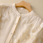 Buddha Stones Casual Embroidered Petals Spliced Women's Crew Neck Design Half Sleeve Shirt
