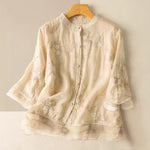 Buddha Stones Casual Embroidered Petals Spliced Women's Crew Neck Design Half Sleeve Shirt