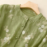 Buddha Stones Casual Embroidered Petals Spliced Women's Crew Neck Design Half Sleeve Shirt
