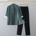 Buddha Stones Traditional Frog Tang Suit Cotton Half Sleeve Top Pants Clothing Men's Set