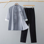 Buddha Stones Traditional Frog Tang Suit Cotton Half Sleeve Top Pants Clothing Men's Set