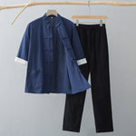 Buddha Stones Traditional Frog Tang Suit Cotton Half Sleeve Top Pants Clothing Men's Set