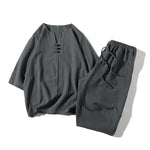 Buddha Stones 2Pcs Plain Notched Collar T-Shirt Wide Leg Shorts With Pockets Men's Meditation Cloth Set