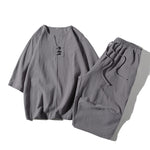 Buddha Stones 2Pcs Plain Notched Collar T-Shirt Wide Leg Shorts With Pockets Men's Meditation Cloth Set
