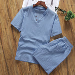 Buddha Stones Casual 2Pcs Plain Sleeve T-Shirt Shorts With Pockets Men's Meditation Cloth Set