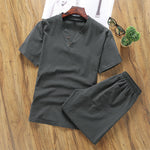 Buddha Stones Casual 2Pcs Plain Sleeve T-Shirt Shorts With Pockets Men's Meditation Cloth Set