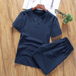 Buddha Stones Casual 2Pcs Plain Sleeve T-Shirt Shorts With Pockets Men's Meditation Cloth Set